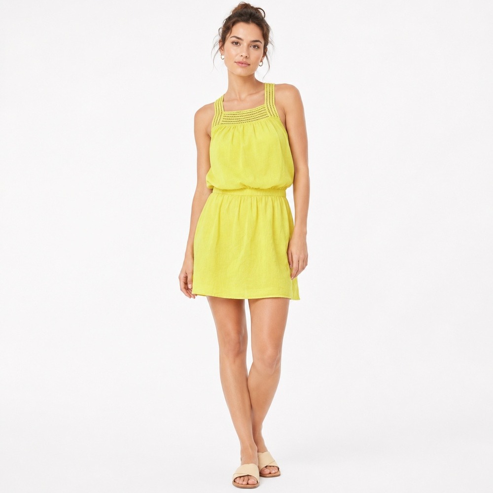 Susana Monaco Dress Women Neon Yellow Crochet Back Mini Elastic Waist Cotton 4